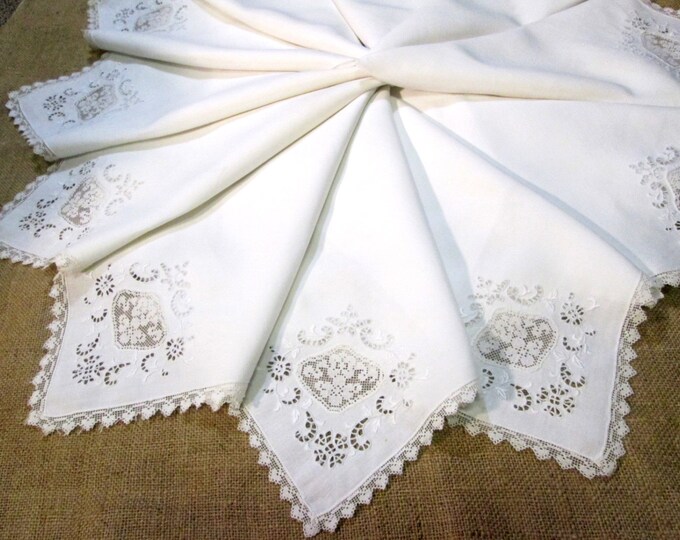 Antique Napkins Dinner Napkins Irish Linen Italian Filet Lace Set of 12