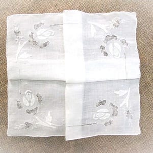 Vintage Embroidered Applique Lace Handkerchief White Linen Antique Hankie Hanky Hand Rolled MINT Wedding Bridal Gift
