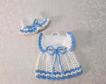 Vintage Crocheted Potholder Set Crochet Dress Egg Warmer Hat Pot Holders Vintage Blue White Kitchen Decor 1950s 1960s Vintage Linens