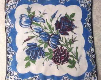 Vintage Floral Printed Handkerchief Hankie Mid Century Clothing Accessories Retro Mod Blue Flowers and Bows