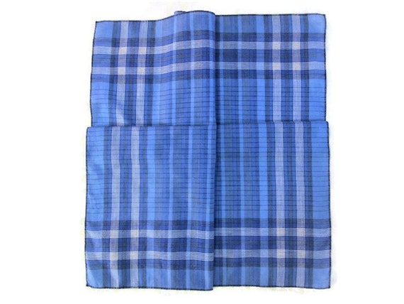 Mens Handkerchief Mid Century Plaid Blue White St… - image 3