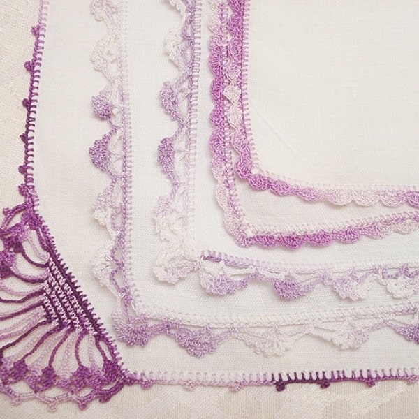 Vintage Hanky Lot Handkerchiefs w Purple Crochet Lace