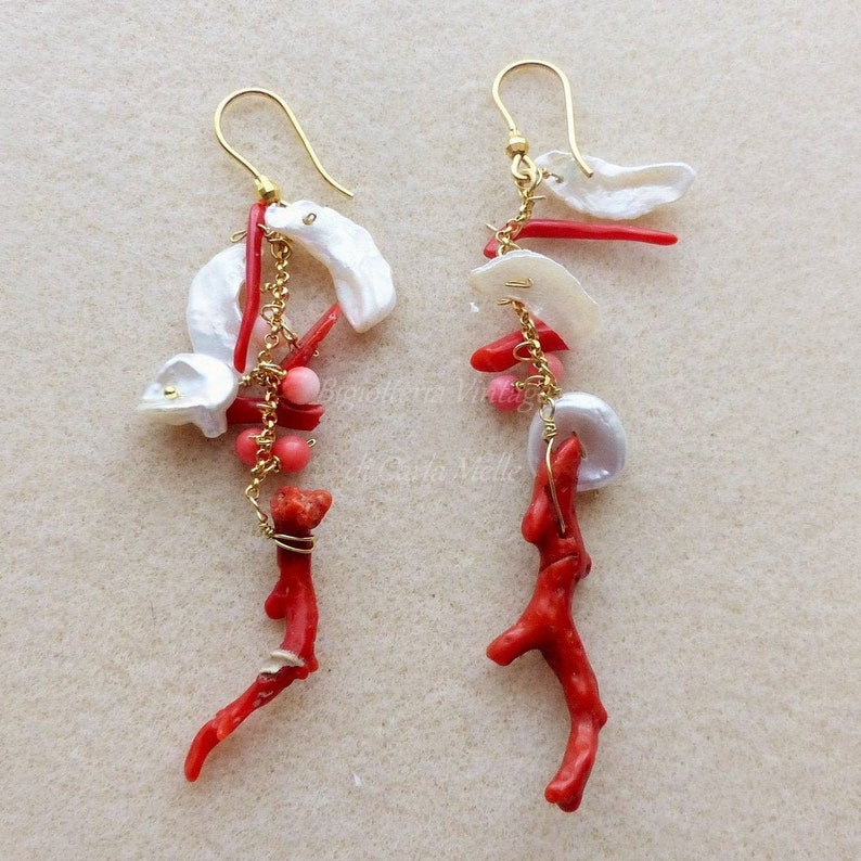 Italian coral and Keshi pearl earrings Gold plated Sterling silver
