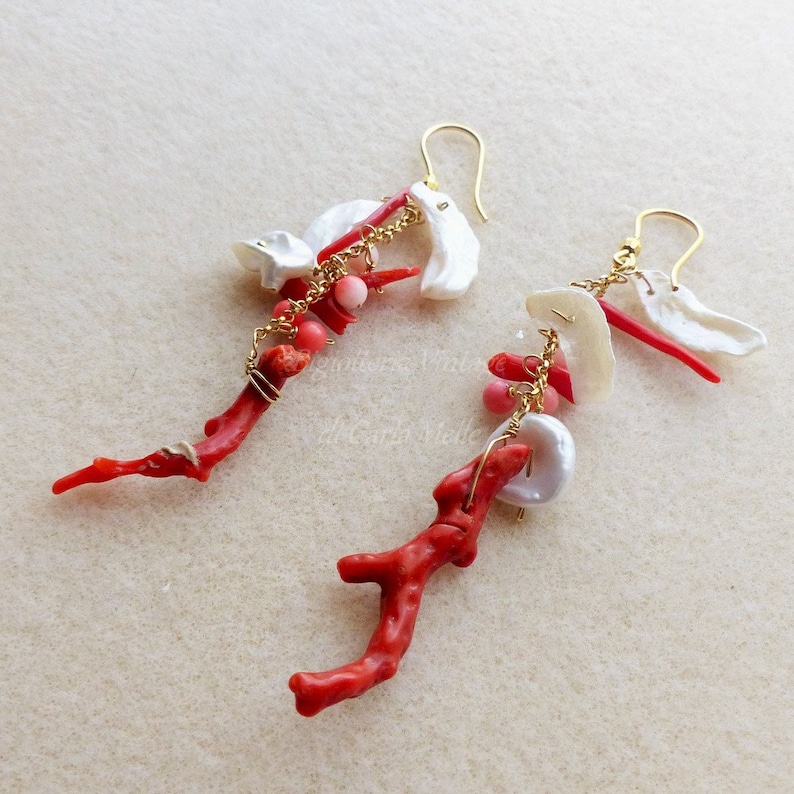 Italian coral and Keshi pearl earrings Gold plated Sterling silver