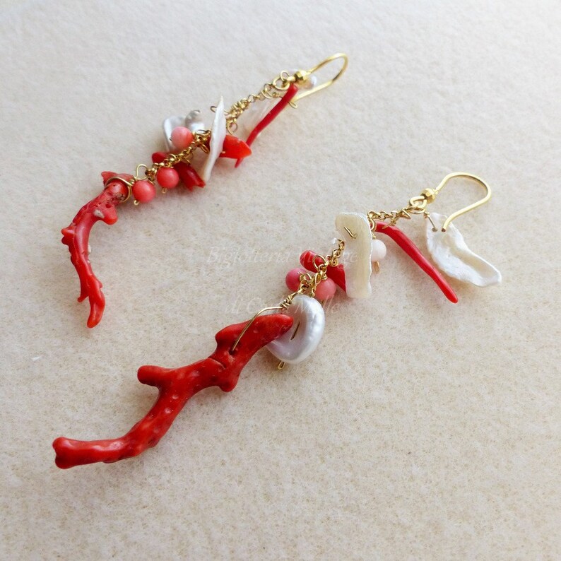 Italian coral and Keshi pearl earrings Gold plated Sterling silver