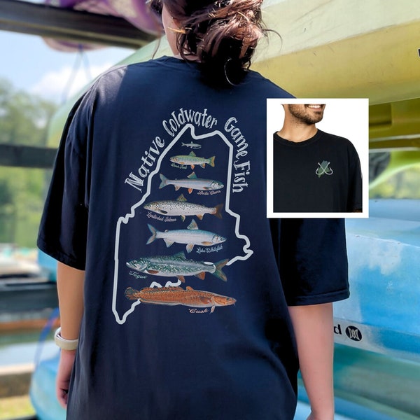 Maine T-Shirt Eco Gift, ME Native Coldwater Game Fish, Trout Salmon Togue Fisherman gift shirt for camping, hiking, summer  Comfort Colors