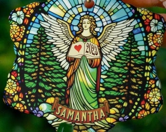 Angel Christmas Tree Faux Stained Glass Personalized, Sympathy Loss, First Christmas Angel/Custom Angel Gift/Guardian Angel Stocking Stuffer