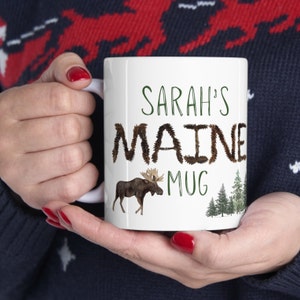 Personalized Family Cocoa Mugs, Custom Maine Mugs, Maine Housewarming Gift, ME cottage Decor, Maine Moose and Bear college dorm Mug 11oz
