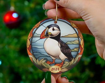 Maine Puffin Christmas Ornament Faux Stained Glass, for Puffin Lover, White Elephant, Neighbor, coworker, friend, teacher, or family member