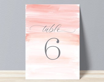 Printable Wedding Table Numbers - Pink Watercolor Table Numbers, Gray Script Calligraphy DIY Table Numbers - Instant Download Table Numbers