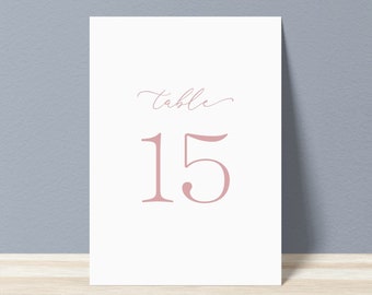 Numeri di tavolo nuziali stampabili - Numeri di tavolo fai da te con calligrafia semplice rosa polverosa - Download istantaneo - Numeri di tavolo minimalisti