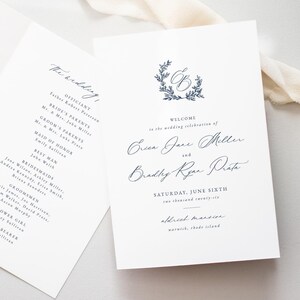 Navy Blue Wreath Wedding Program Template: Folded Ceremony Program (DIY Instant Download - Erica)
