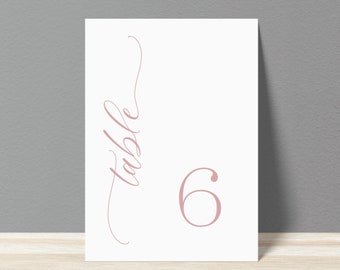 Druckbare Hochzeit Tischnummern - Einfache Dusty Rose Script Kalligraphie DIY Tischnummern - Instant Download - Minimalistische Tischnummern