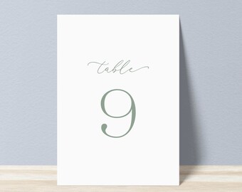 Números de mesa de boda imprimibles - Caligrafía de guión verde salvia simple Números de mesa de bricolaje - Descarga instantánea - Números de mesa minimalistas