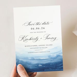 Beach Save the Date Template: Editable Blue Watercolor Invitation (Digital Download) Kimberly