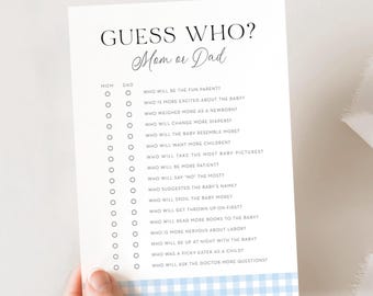 Babyshowerspel met blauwe gingang: raad eens wie mama of papa (afdrukbaar pdf-bestand)
