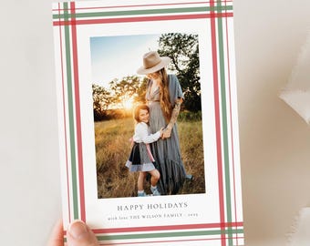 Plaid Holiday Photo Card, Printable Red & Green Stripes, Family Christmas Card Template