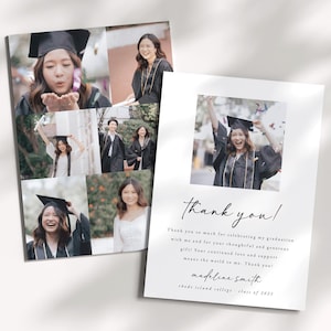 Plantilla de tarjeta de agradecimiento de graduación: tarjeta de agradecimiento plana con foto de graduación de secundaria o universidad, descarga instantánea