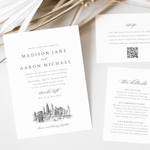 Plantilla de invitación de boda imprimible: conjunto de invitación minimalista de Nueva York, invitación moderna con el horizonte de Nueva York, código QR, tarjeta con detalles - Madison