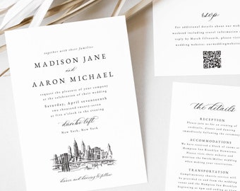 Op de afbeelding: Huwelijksuitnodigingsset met een zwart-witte illustratie van de skyline van New York City. De uitnodiging luidt "Madison Jane en Aaron Michael" met de datum en tijd van de bruiloft. De kaart met details bevat informatie over de receptie, accommodatie en vervoer.