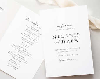 May include: Wedding ceremony programme with a white background and black text. The programme lists the order of events for the ceremony and the wedding party. The text includes the names of the officiant, bride's parents, groom's parents, maid of honour, best man, bridesmaids, groomsmen, flower girl, and ring bearer. The programme also includes the date and location of the wedding. The hashtag #drewandmelanie is at the bottom of the programme.