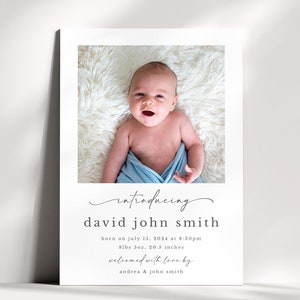 Afdrukbare geboortekaartje - pasgeboren baby fotokaartsjabloon, minimalistisch Script lettertype geboortekaartje, Instant Download DIY
