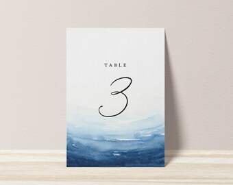 Printable Wedding Table Numbers - Blue Beach Watercolor DIY Table Numbers - Instant Download - Printable Destination Wedding Table Numbers
