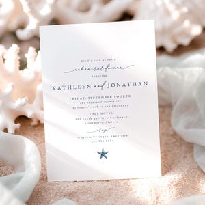 ビーチリハーサルディナー招待状テンプレート、青いヒトデの海岸デザイン（デジタルダウンロード）キャスリーン