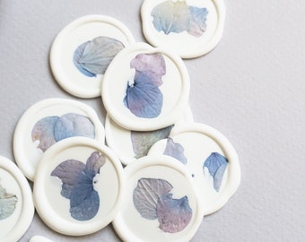 Wax Seals with Real Blue Hydrangea Flower Petals - Wedding Wax Seal Stickers, Self-Adhesive, Stationery White Wax Seals, Dried Flower Petals