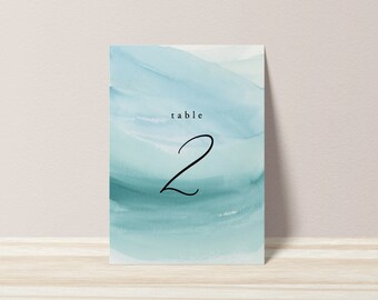 Beach Watercolor Wedding Table Numbers - PRINTED Double-Sided Aqua Waves Destination Table Numbers, Nautical Coastal Wedding Reception