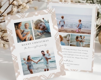 Neutral Beige Plaid Christmas Card, Plaid Holiday Card Template, Printable Beige Plaid Family Card, Christmas Photo Card, Instant Download