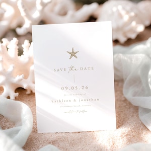 Plantilla para guardar la fecha de boda en la playa: Estrella de mar y concha doradas (archivo digital) Kathleen