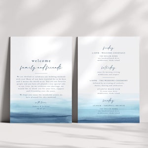 Modèle imprimable d'itinéraire de week-end de mariage - sac de bienvenue bleu aquarelle de mariage sur la plage Merci, carte d'événements de mariage - Sidney