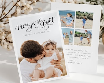 Merry & Bright Christmas Photo Card Template, Hand Lettered Calligraphy (Digital Download)