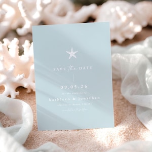 Plantilla de invitación para boda en la playa con estrella azul, invitación imprimible para boda en la playa, boda minimalista en la playa - Kathleen