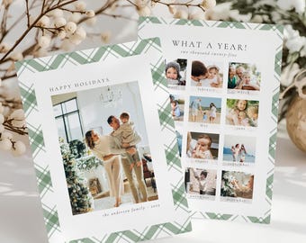 Green Plaid Holiday Photo Card, Printable Plaid Family Christmas Card Template, What A Year