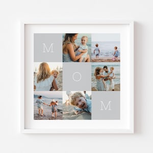 Op de afbeelding: Een wit omkaderde fotocollage met het woord "MOM" in het midden. De collage bevat familiefoto's in een rasterpatroon. De foto's tonen gezinnen op het strand en in andere buitenomgevingen.