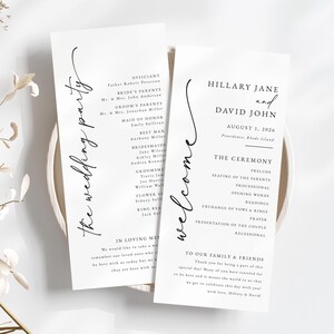 Plantilla de programa de boda minimalista: caligrafía negra simple (descarga digital, tarjeta plana de 23 x 10 cm)