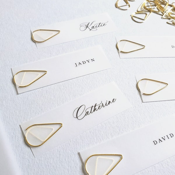 Clear Wedding Menu Name Cards and Gold Teardrop Clips - Script or Block Font - Clear Translucent Vellum Place Cards with Clips