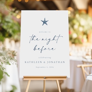 May include: White sign with blue text and a blue starfish graphic. The sign reads "Welcome to the night before celebrating Kathleen & Jonathan September 3, 2026".