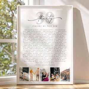 Modèle d'affiche 30 raisons pour lesquelles nous vous aimons - 30e anniversaire imprimable son anniversaire avec photos, cadeau bricolage modifiable en téléchargement immédiat