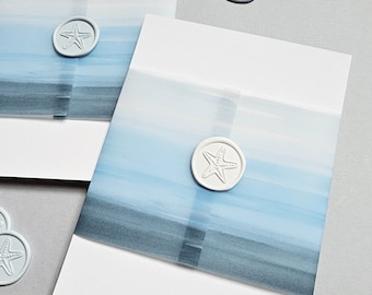 Beach Watercolor Vellum Wedding Invitation Wraps, Clear Coastal Wedding Invitation Jacket