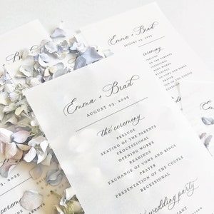 Programas de boda transparentes: programas de ceremonia de recepción de boda translúcidos con escritura moderna impresa personalizada