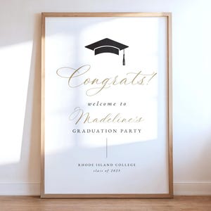 Graduation Party Welcome Sign Template, Printable Black and Gold Cap Poster (Editable Digital Download)