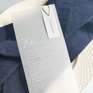 Clear Wedding Menus with White Ink, Name Card and Clip - Custom Printed Modern Script Vellum Translucent Wedding Menu, Place Card, Gold Clip