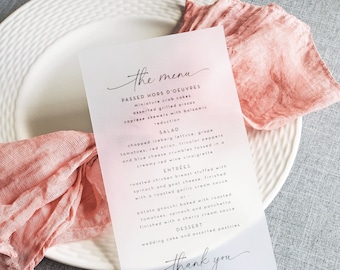 Clear Vellum Wedding Menu and Thank You - Custom Printed Modern Script Clear Translucent Vellum Wedding Reception Menu