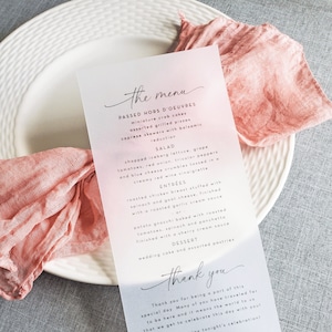 Klares Pergament-Hochzeitsmenü und Danke - Individuell gedruckte moderne Schrift Klares durchscheinendes Pergament-Hochzeits-Empfangsmenü