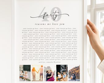 Regalo de 40 cumpleaños, póster fotográfico "40 razones por las que te queremos", regalo de cumpleaños para amigos, regalo único, plantilla imprimible