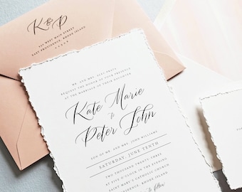 New Kate Minimalist Wedding Invitation Sample with Deckled Edges - Dusty Rose Envelope, Black and White Modern Invite