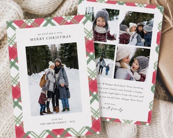 Plaid Christmas Card, Printable Red and Green Plaid Christmas Card Template, Holiday Family Photo Card, Instant Download